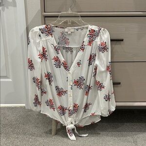 LOFT White Floral Tie-Front Blouse